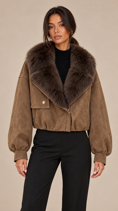 Ines Fox Fur Moto Jacket — Brown model front