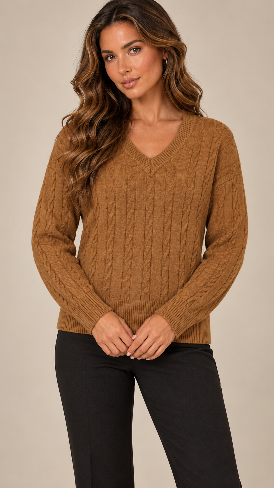Marit Cable V-Neck Sweater — Brown model front