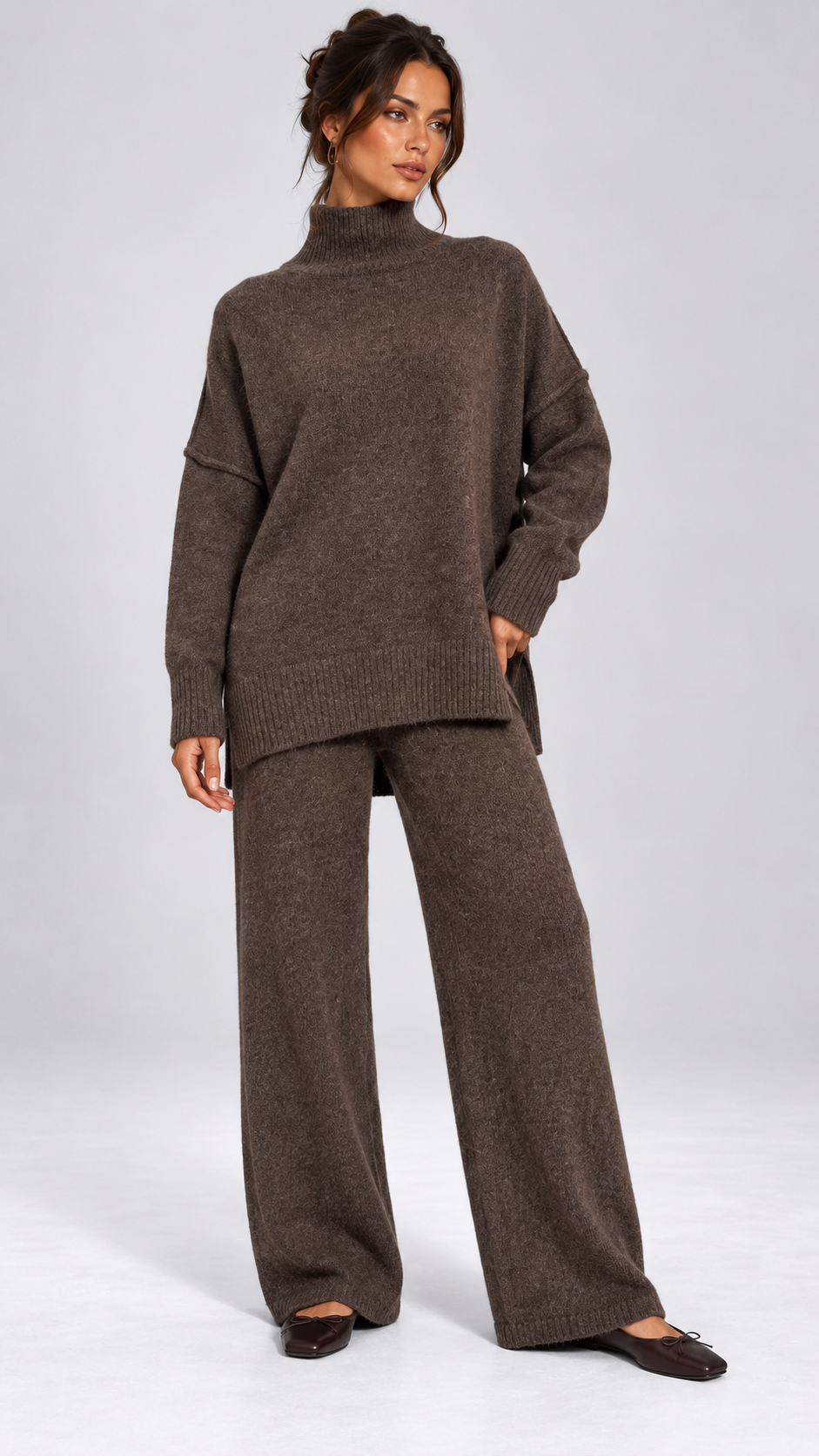 Iolanthe Split-Hem Knit Set — Brown model front