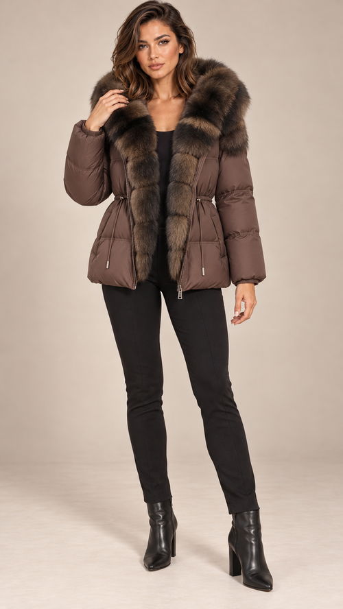 Isolde Fox-Hood Puffer — Brown model front