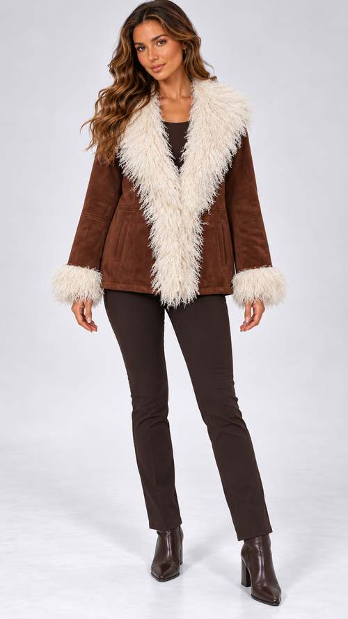 Sylvaine Shag-Collar Jacket — Brown model front