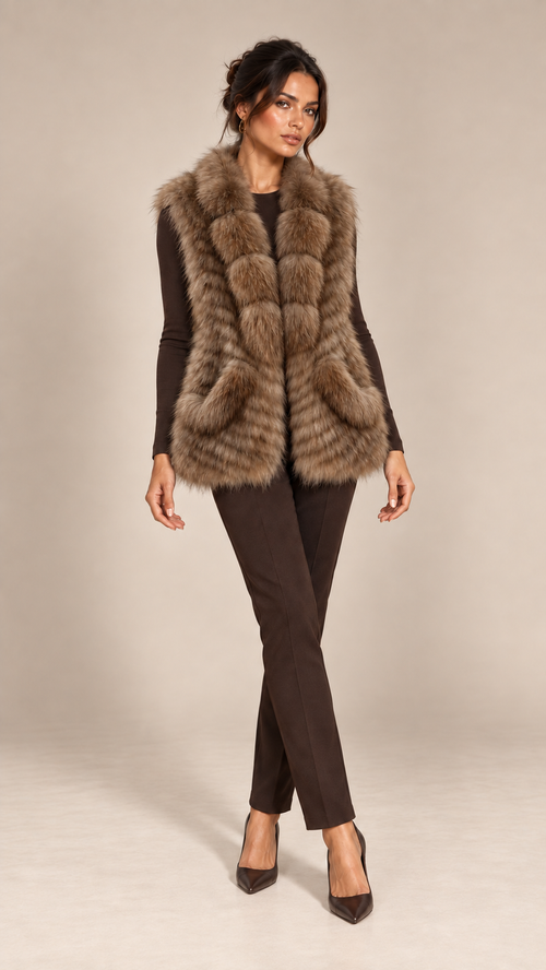 Rowan Fox Fur Gilet — Brown model front