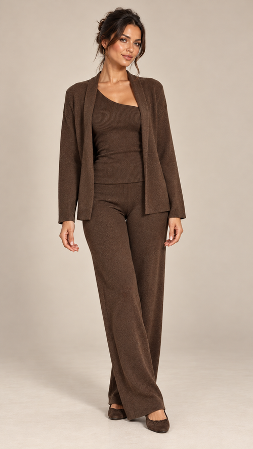 Gwenllian One-Shoulder Knit Set — Brown model front