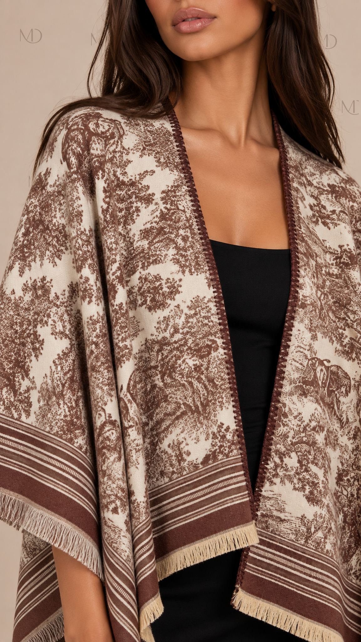 Odette Jacquard Shawl Cape — Brown worn closeup