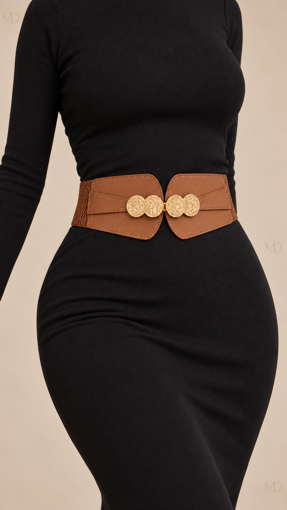 Liora Coin-Buckle Belt — Brown worn closeup