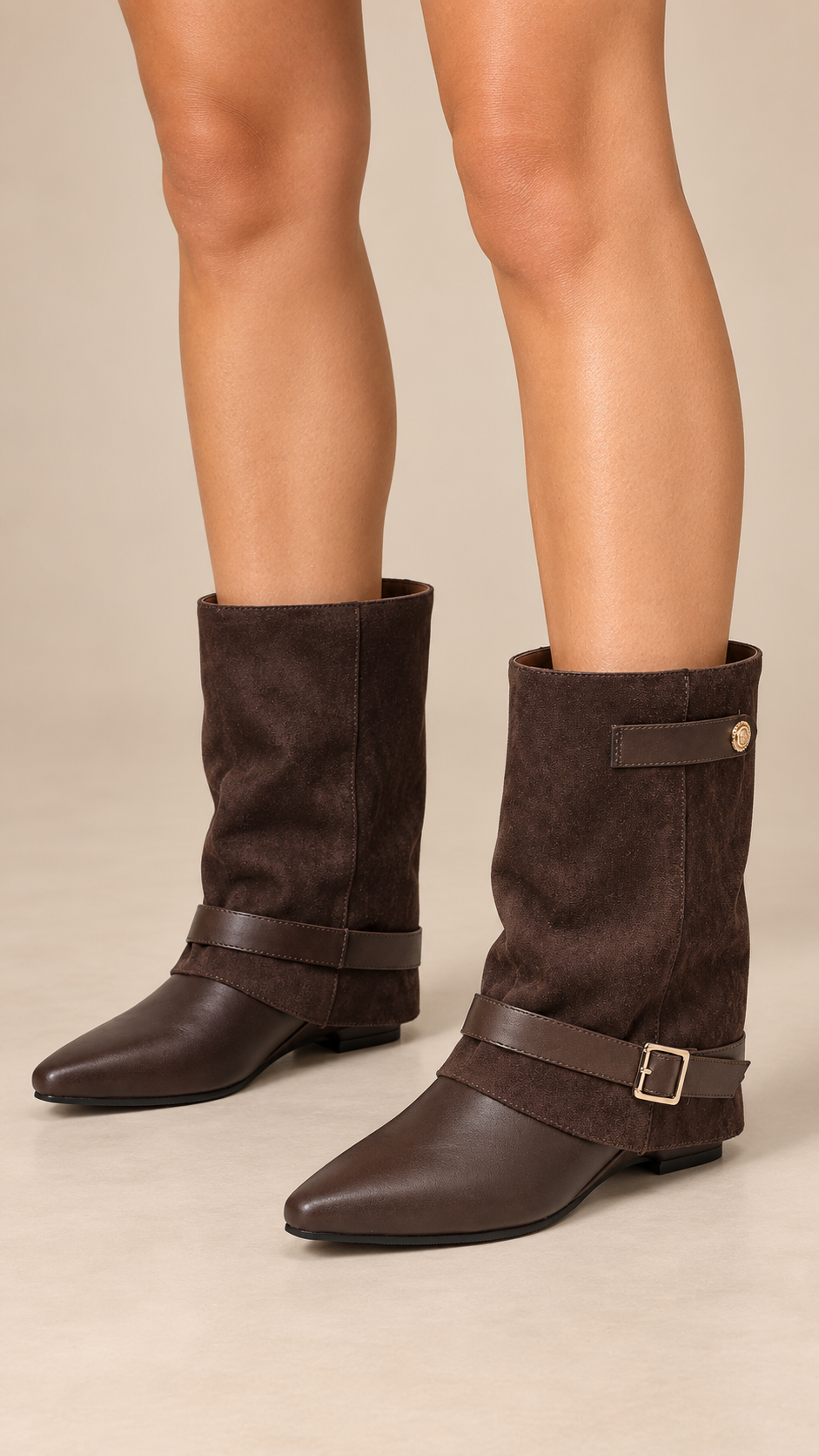Juliette Harness Boots — Brown worn closeup