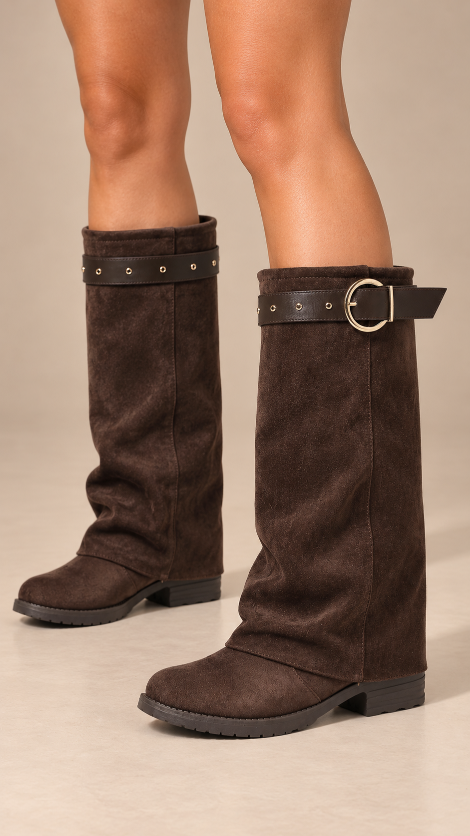 Dagny Cuffed Boot — Brown worn closeup
