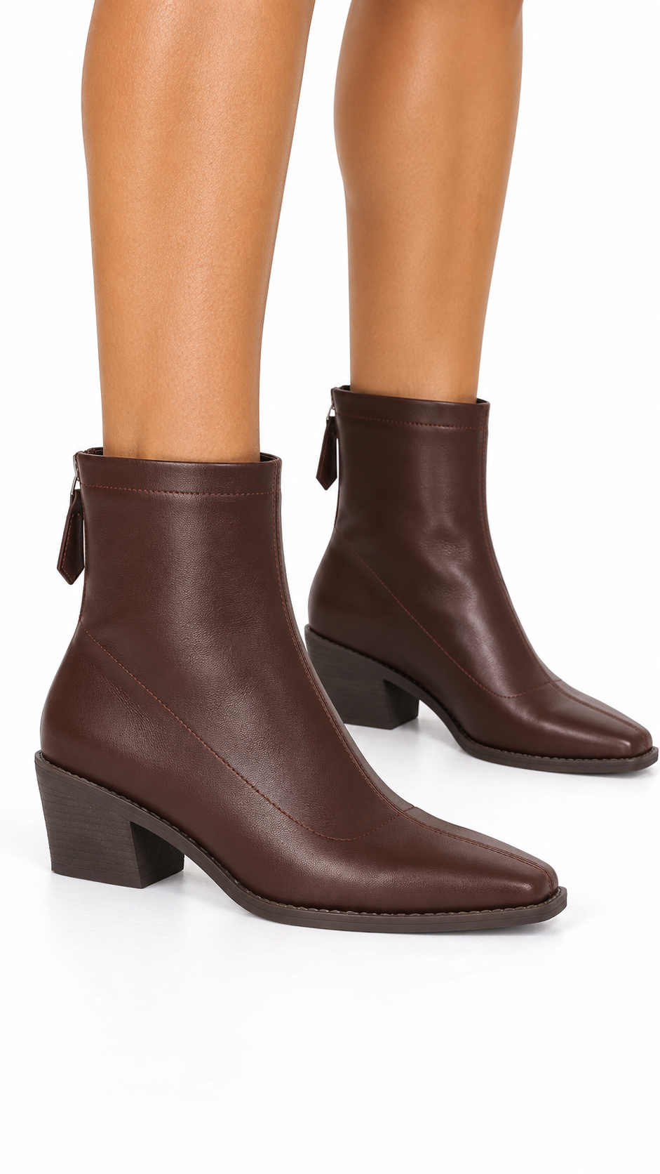 Tamara Square-Toe Boot — Brown worn closeup