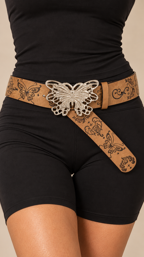 Perrine Embossed Belt — Brown worn closeup