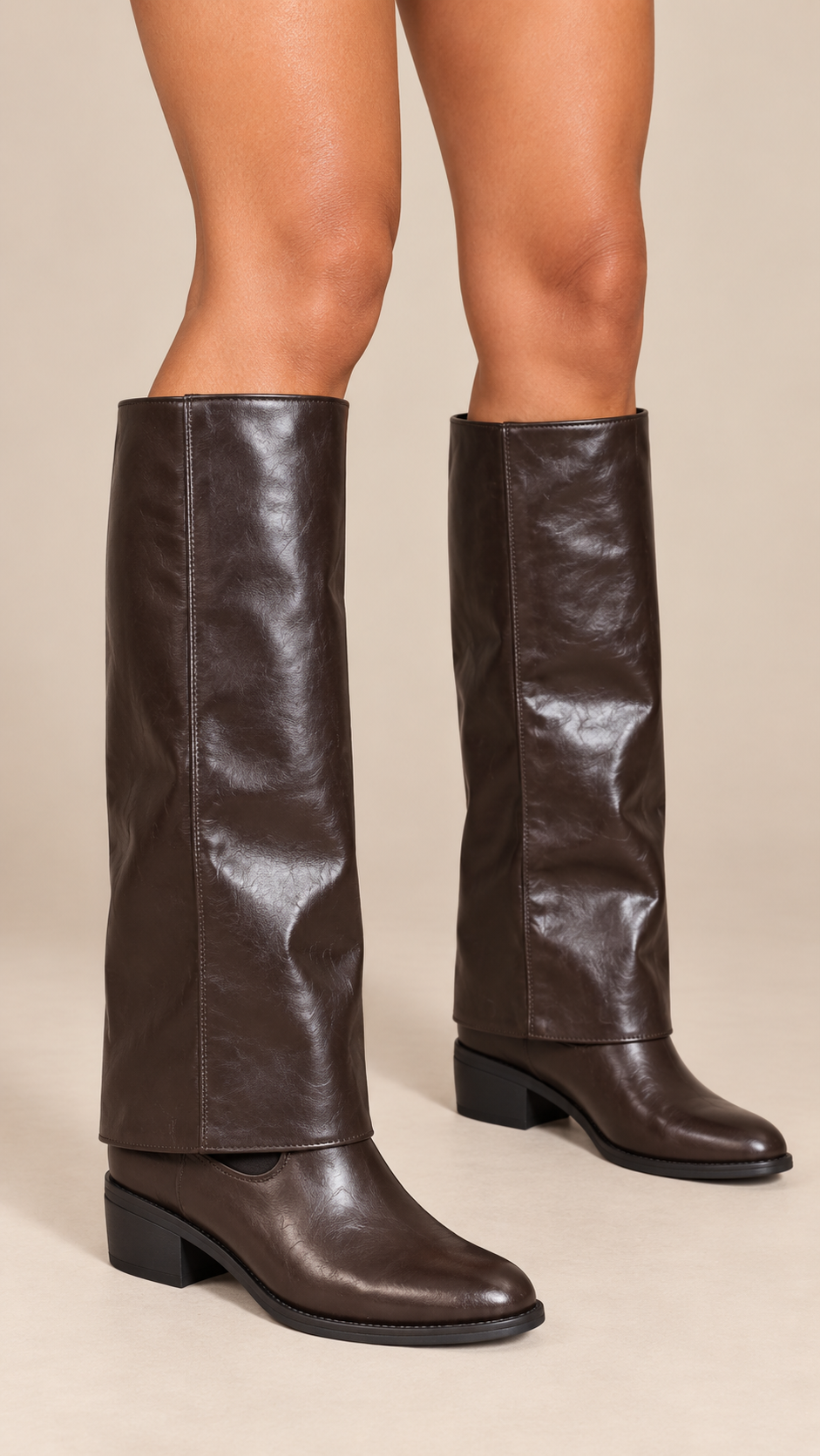 Brigitte Foldover Boots — Brown worn closeup