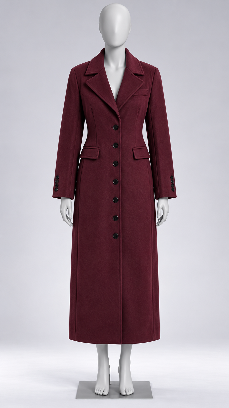Ludovica Sculpted Long Coat — Burgundy Belted mannequin front