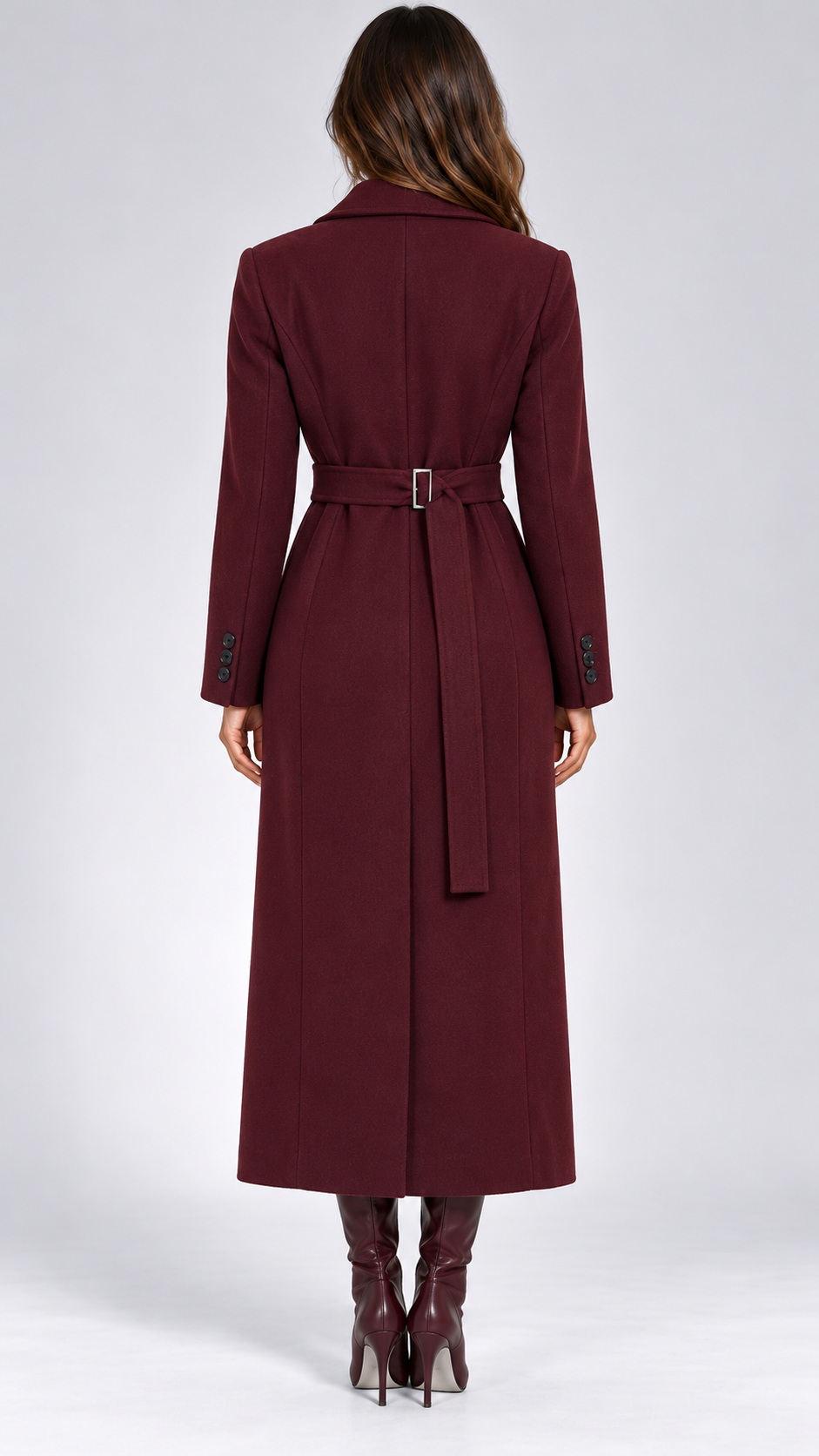 Ludovica Sculpted Long Coat — Burgundy Belted model back