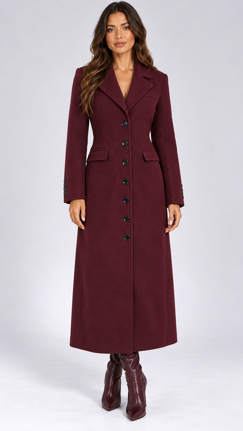 Ludovica Sculpted Long Coat — Burgundy Belted model front