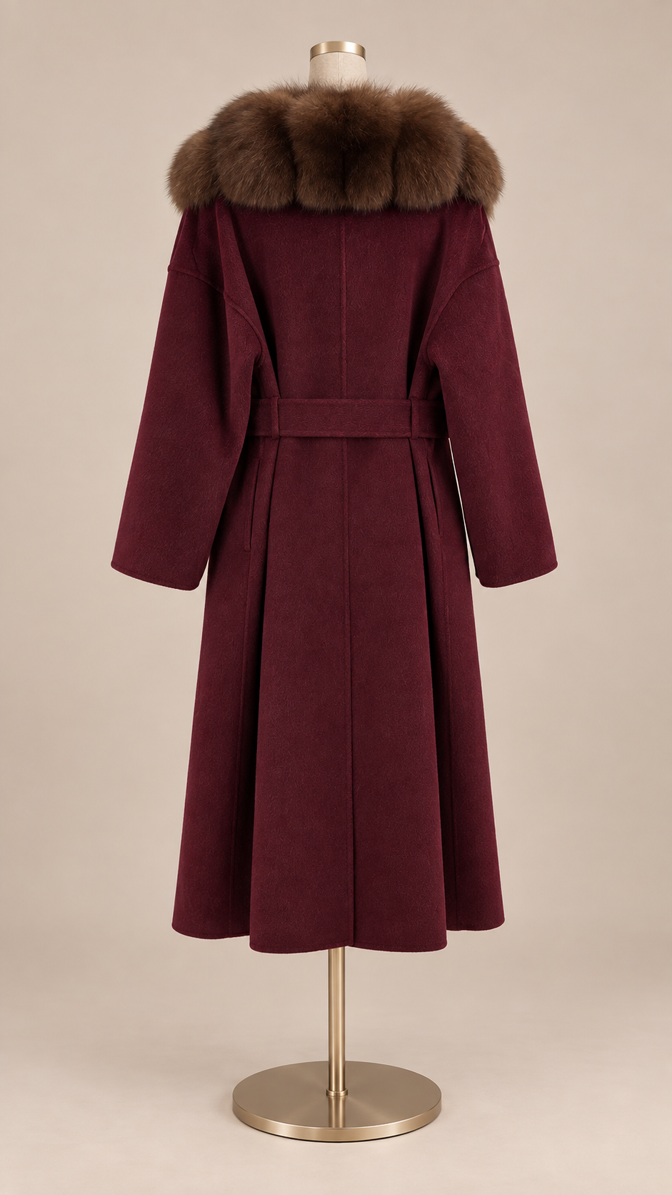 Seraphine Fur Collar Coat — Burgundy mannequin back