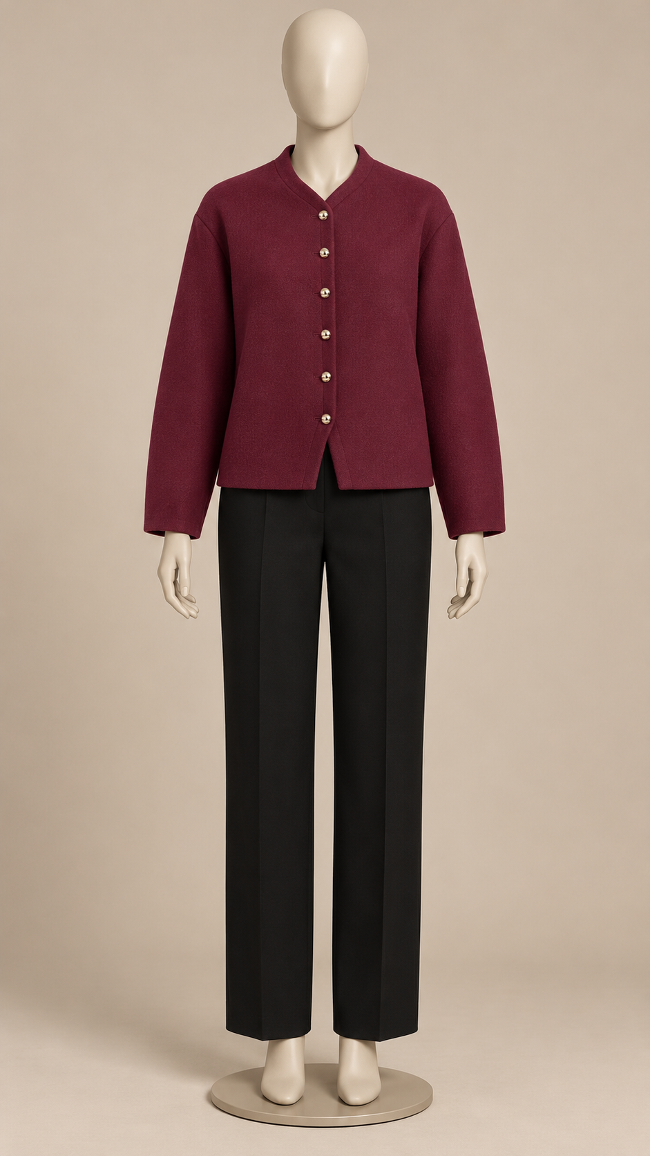 Adelaide Shank-Button Cardigan — Burgundy mannequin front