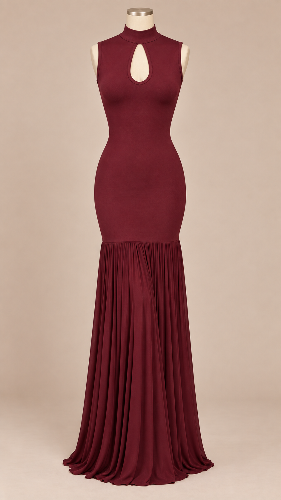 Selene Keyhole Fishtail Maxi — Burgundy mannequin front