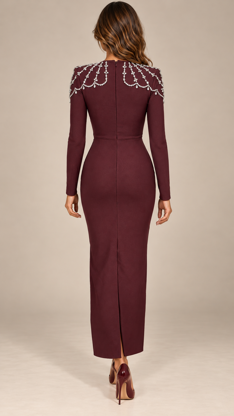 Calanthe Jeweled-Shoulder Maxi — Burgundy model back
