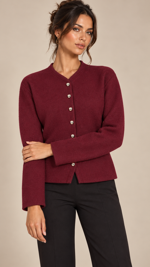 Adelaide Shank-Button Cardigan — Burgundy model front
