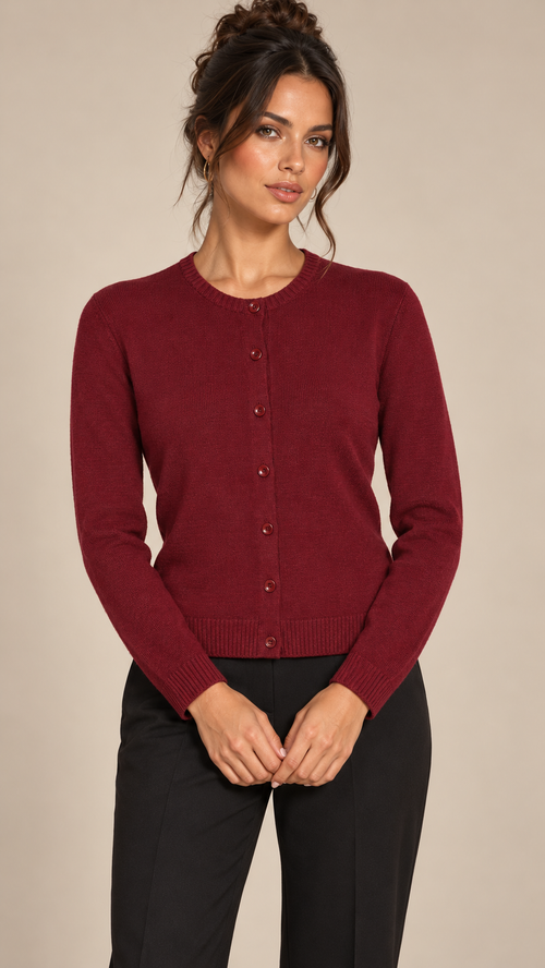 Hedda Crewneck Cardigan — Burgundy model front