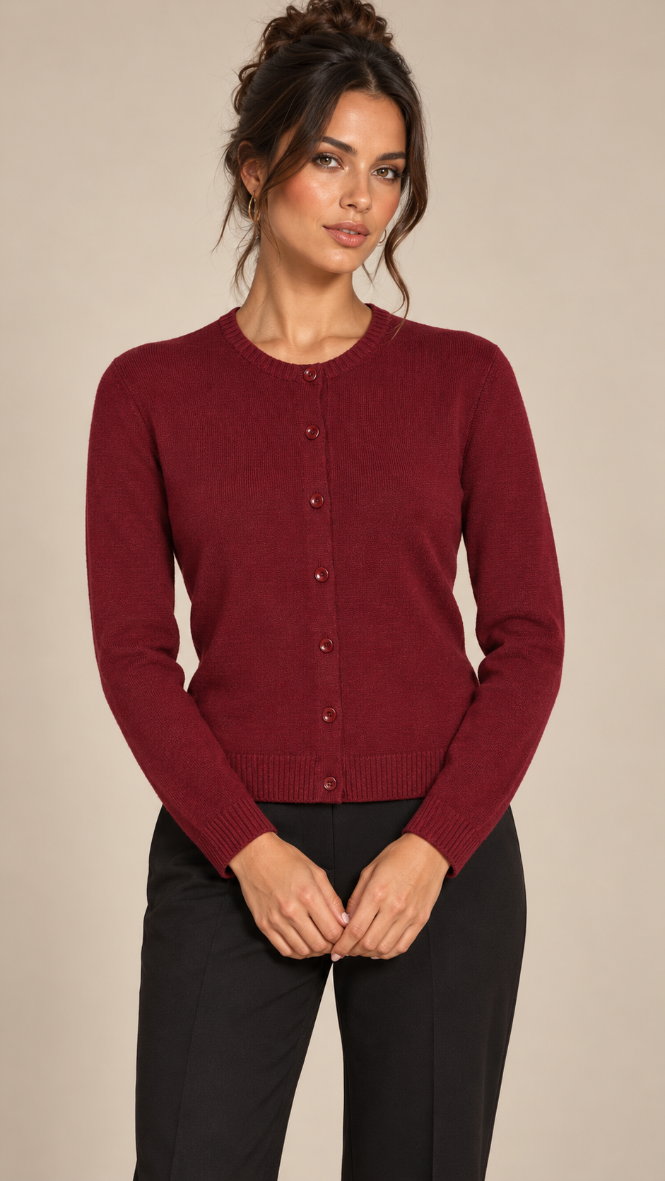 Hedda Crewneck Cardigan — Burgundy model front