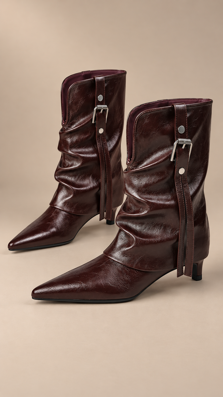 Isaura Ruched Kitten Boot — Burgundy product only