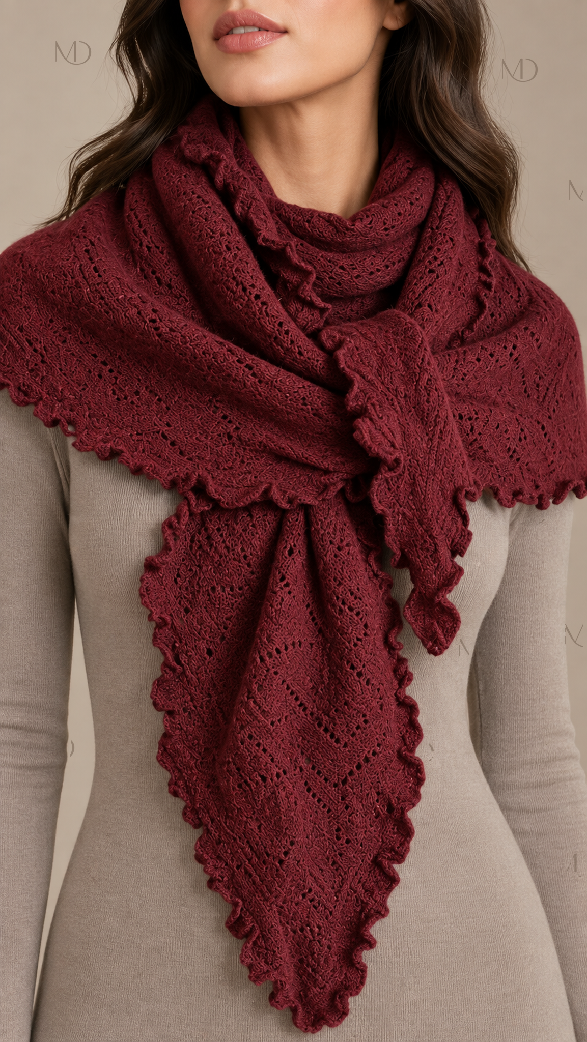 Elowen Pointelle Triangle Scarf — Burgundy worn closeup