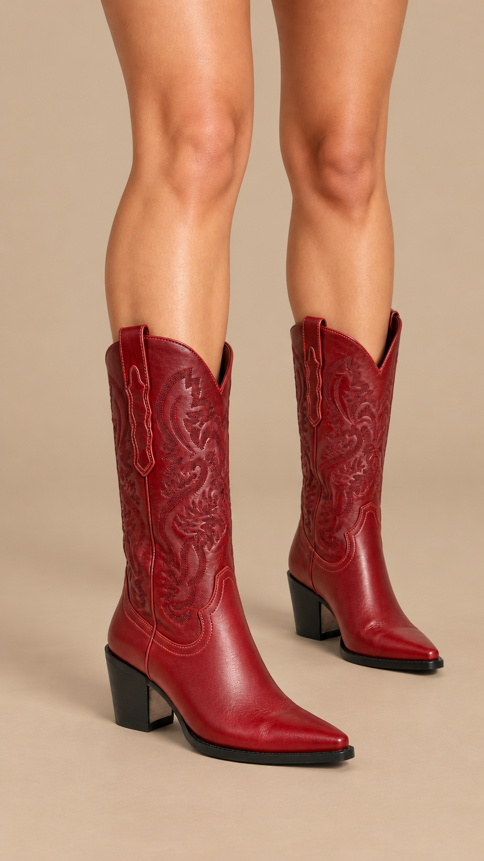 Marlena Embroidered Boots — Burgundy worn closeup