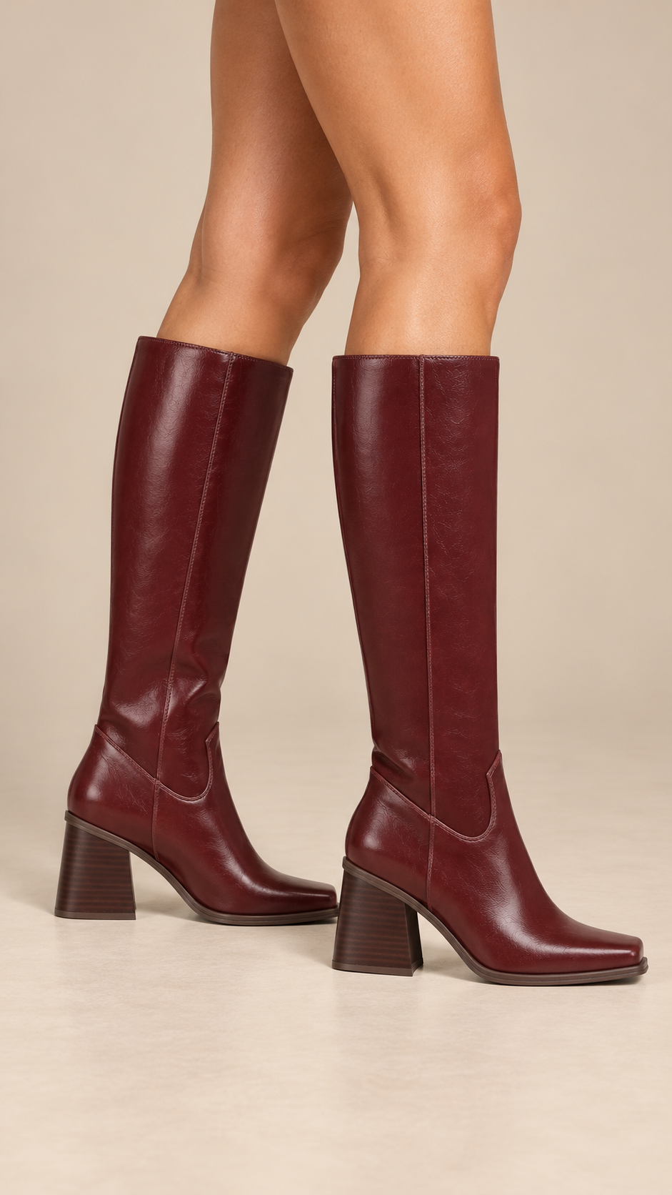 Zahara Tall-Shaft Boot — Burgundy worn closeup