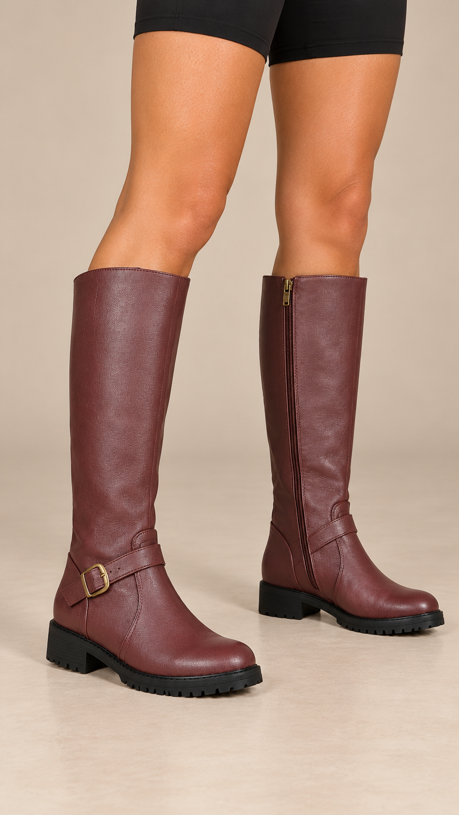 Solveig Equestrian Boots — Burgundy worn closeup