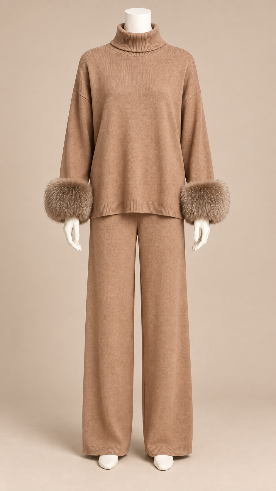 Noor Fur-Pom Knit Set — Camel mannequin front