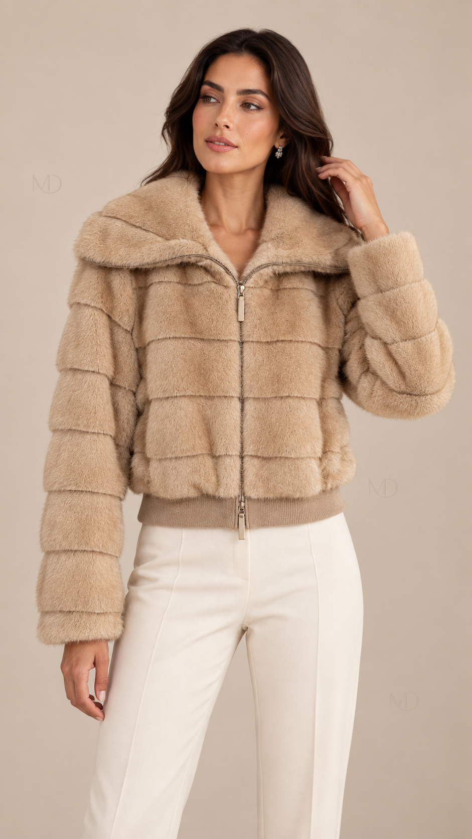 Sable Faux Fur Jacket — Camel model front