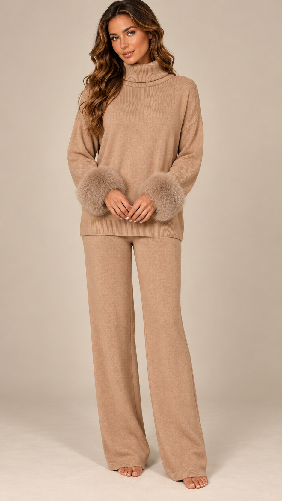 Noor Fur-Pom Knit Set — Camel model front