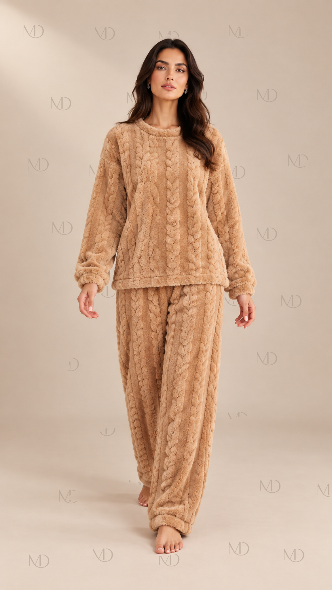 Nova Fleece Pajama Set — Camel model front