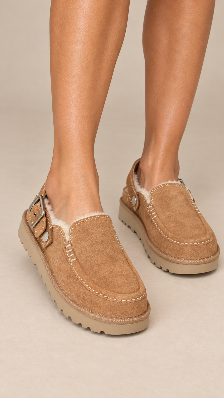 Amalia Moc-Stitch Clog — Camel worn closeup