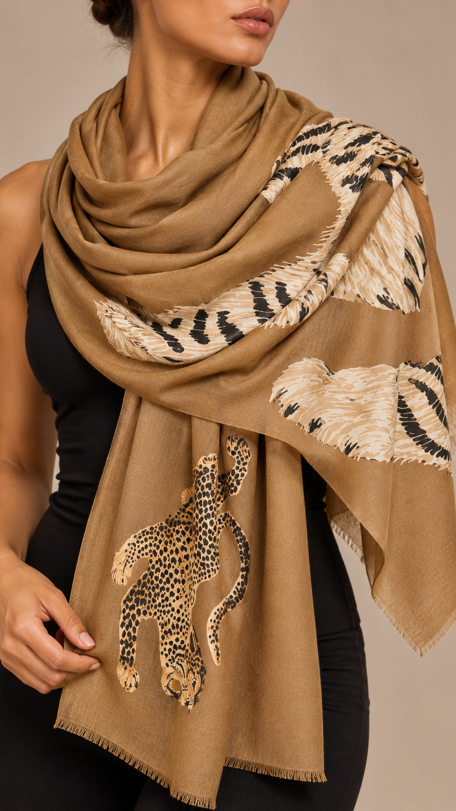 Ambrosine Leopard-Tiger Scarf — Camel worn closeup