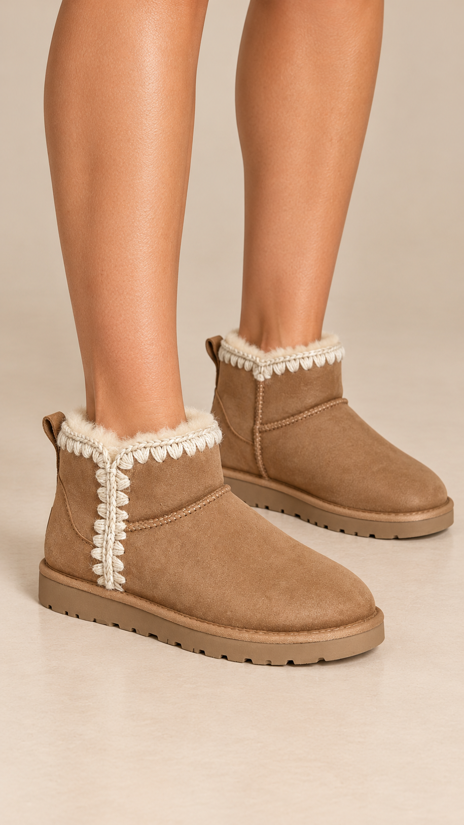 Ysella Whipstitch Mini Boot — Camel worn closeup