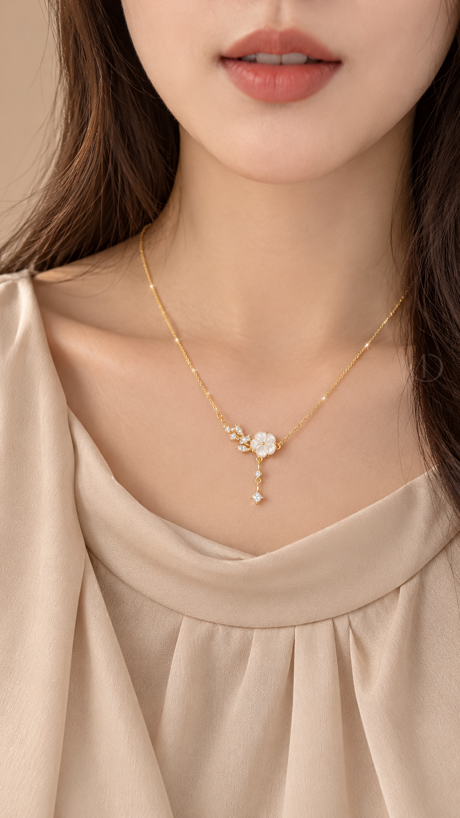 Camelia Flower Necklace - Gold worn model close-up