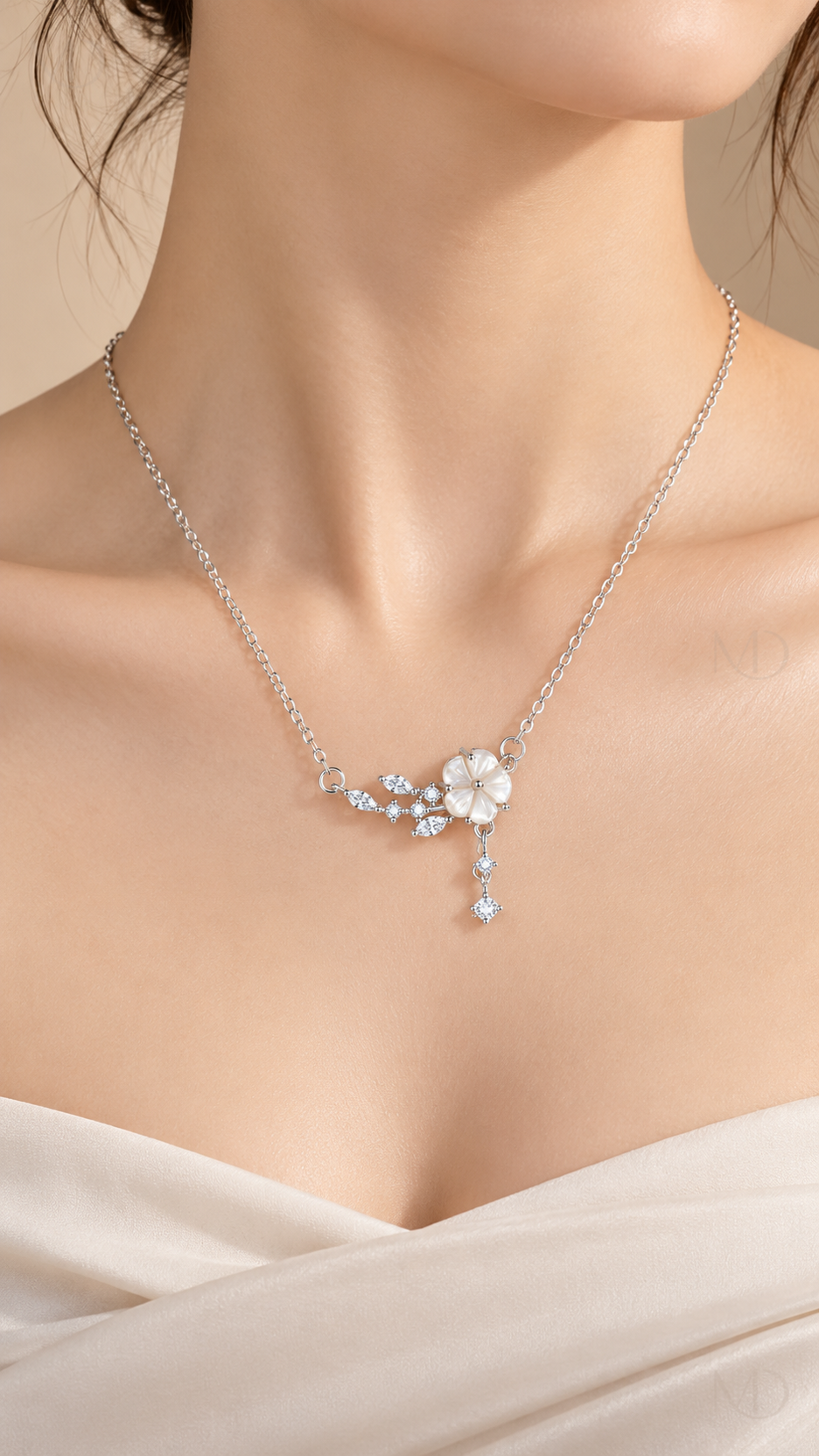 Camelia Flower Necklace - Silver worn model close-up
