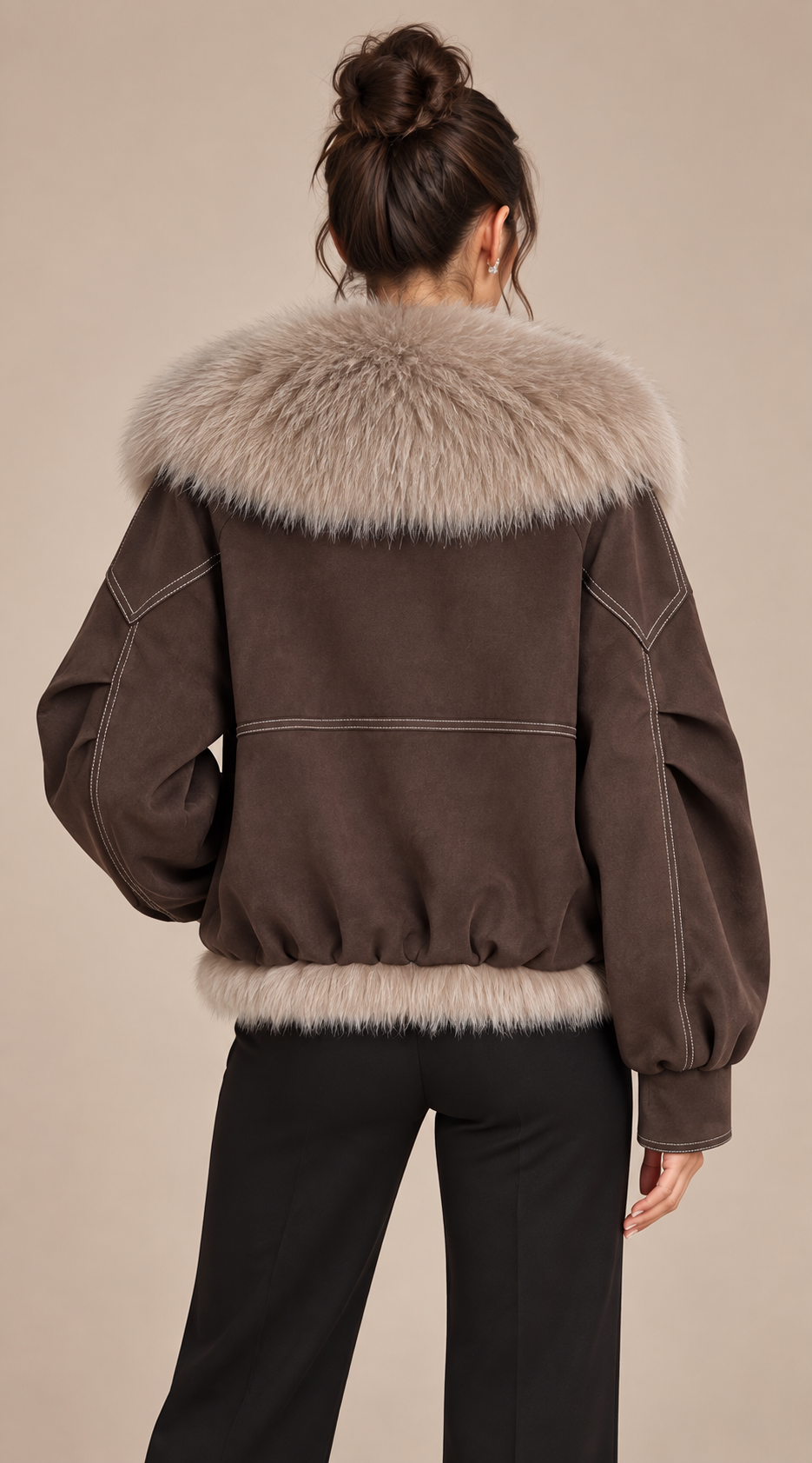 Selene Fox Collar Parka — Chocolate Brown model back