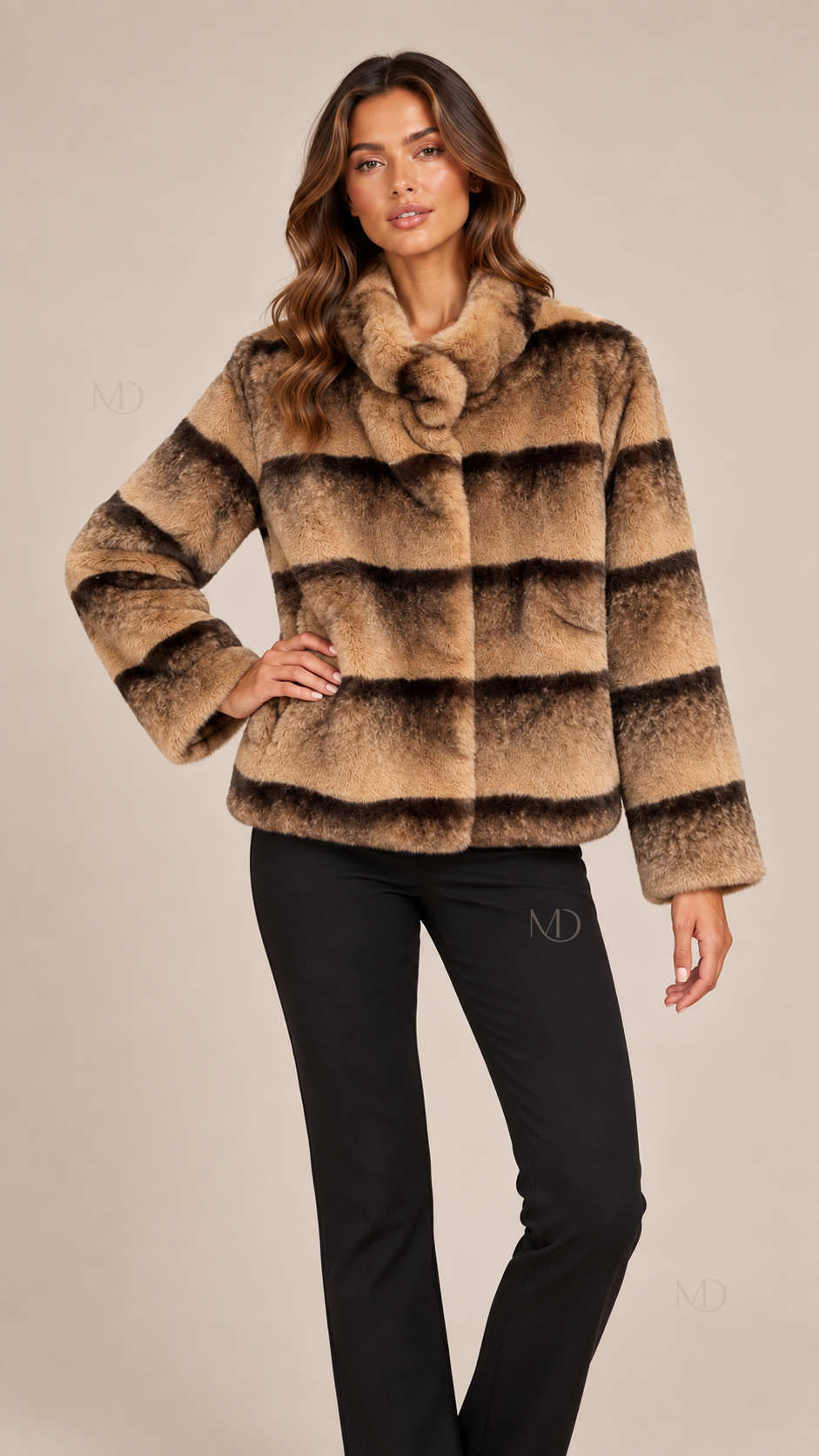 Sabine Faux Chinchilla Coat — Chocolate Brown model front