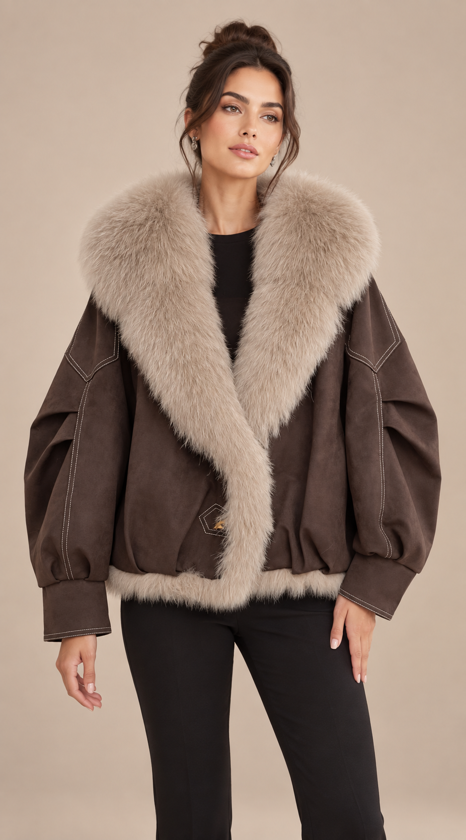 Selene Fox Collar Parka — Chocolate Brown model front