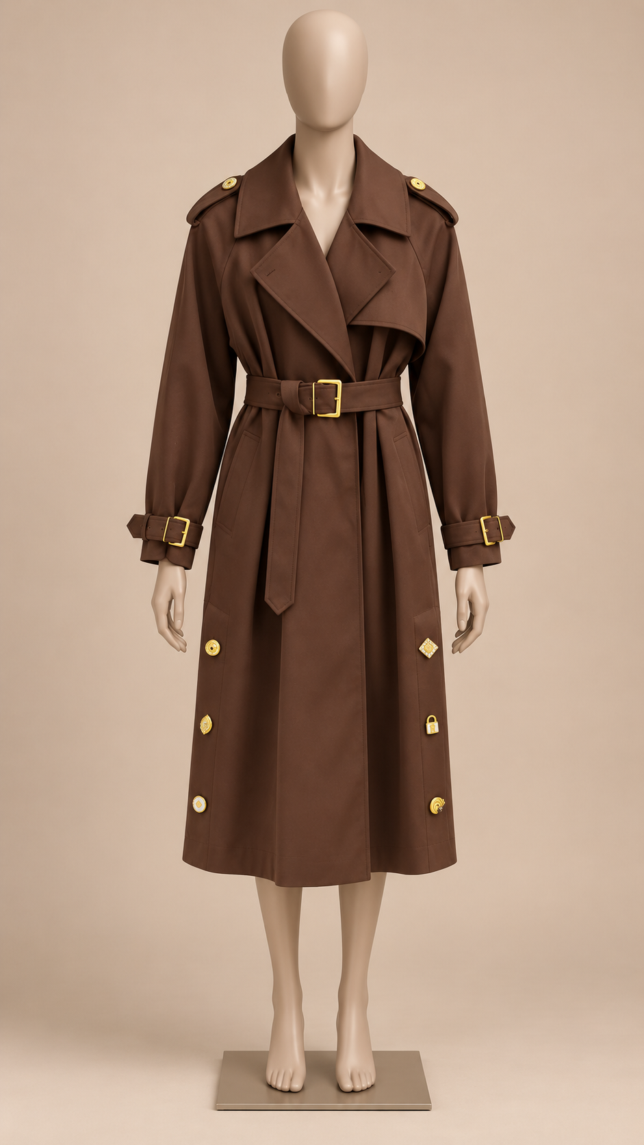 Tilda Gilt-Button Trench — Chocolate mannequin front