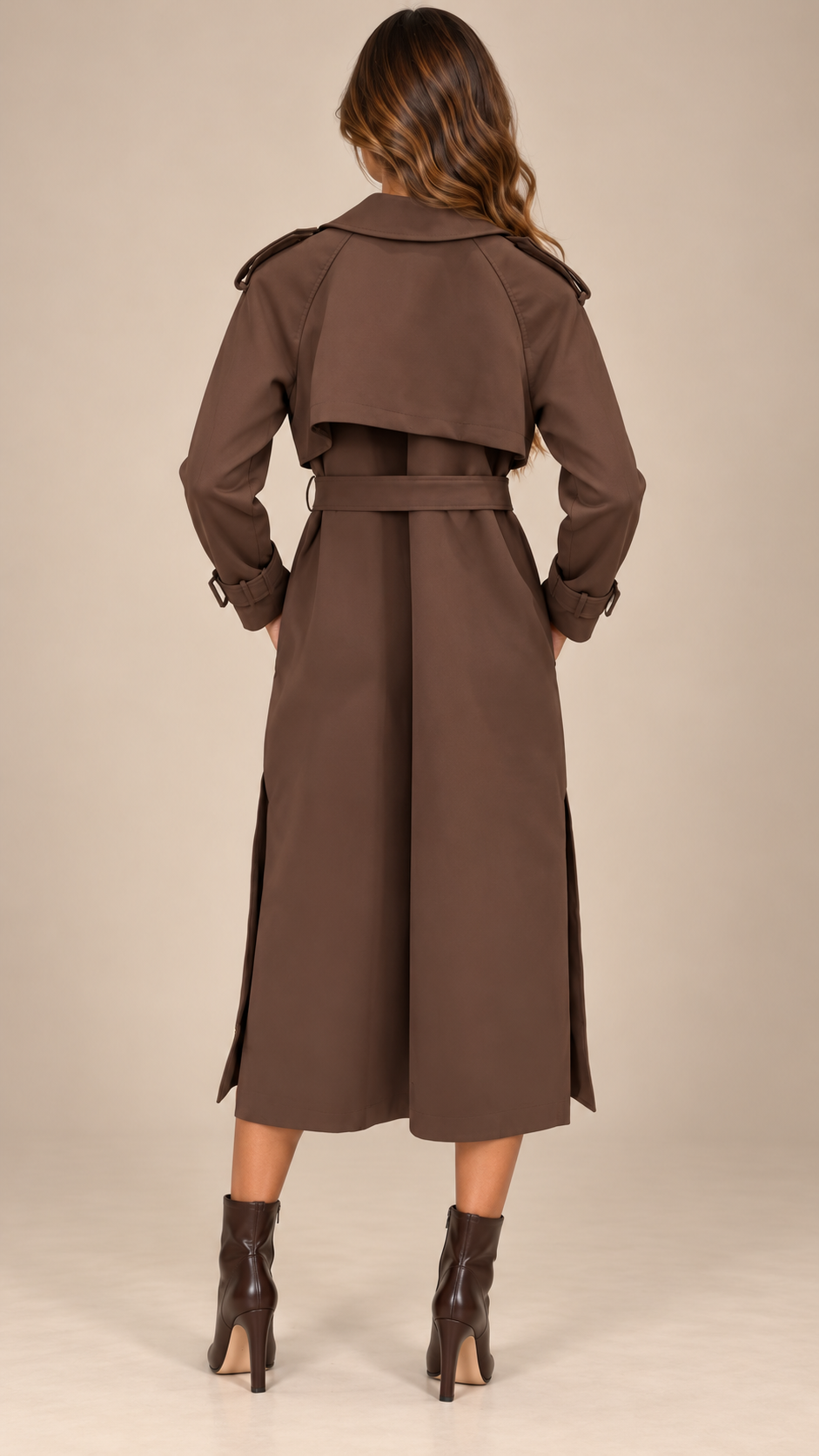 Tilda Gilt-Button Trench — Chocolate model back