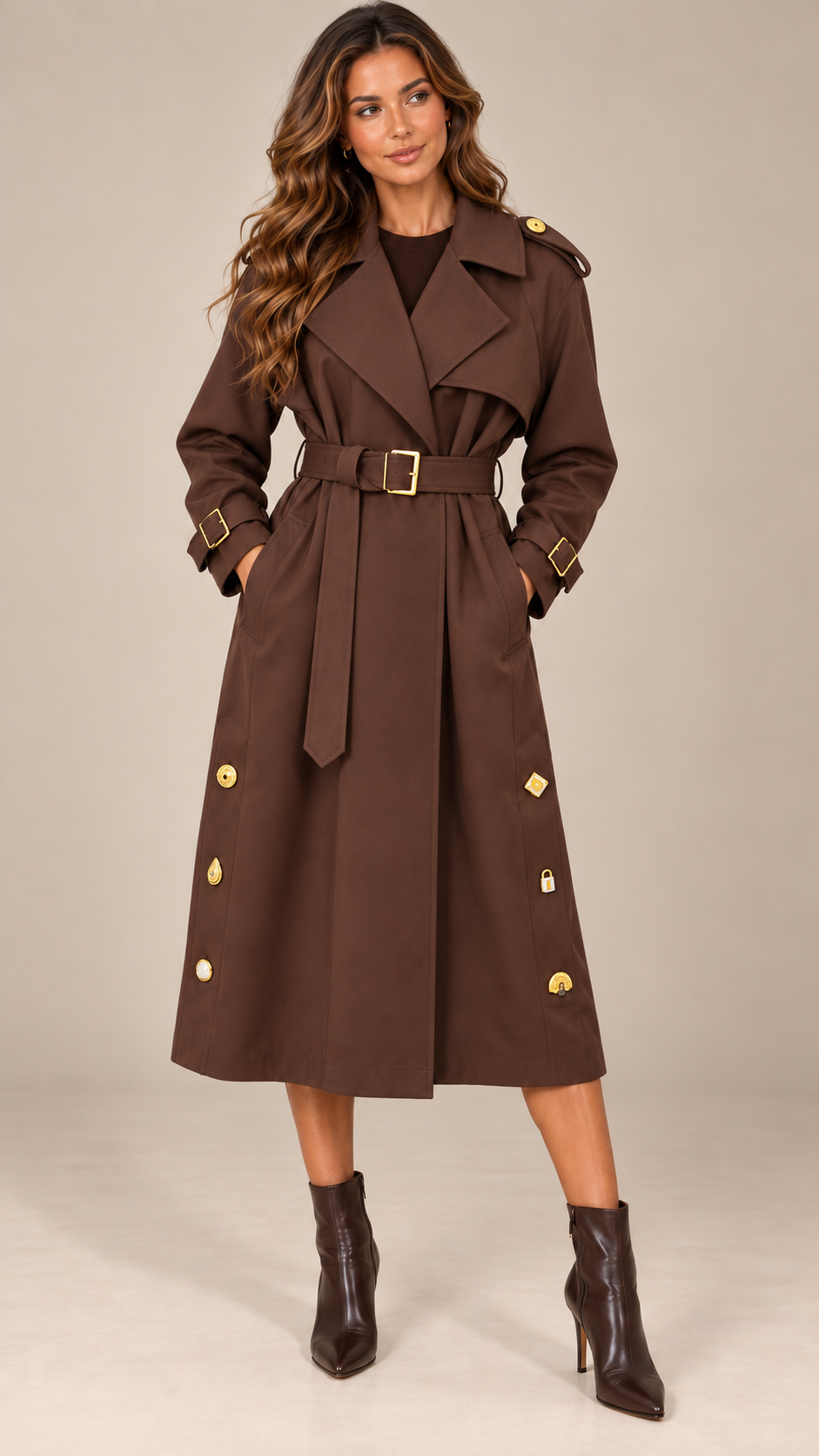 Tilda Gilt-Button Trench — Chocolate model front