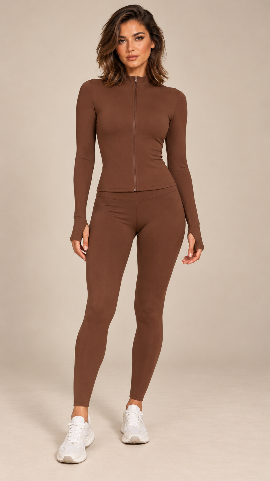 Kalinda Thumbhole Active Set — Clay Brown model front