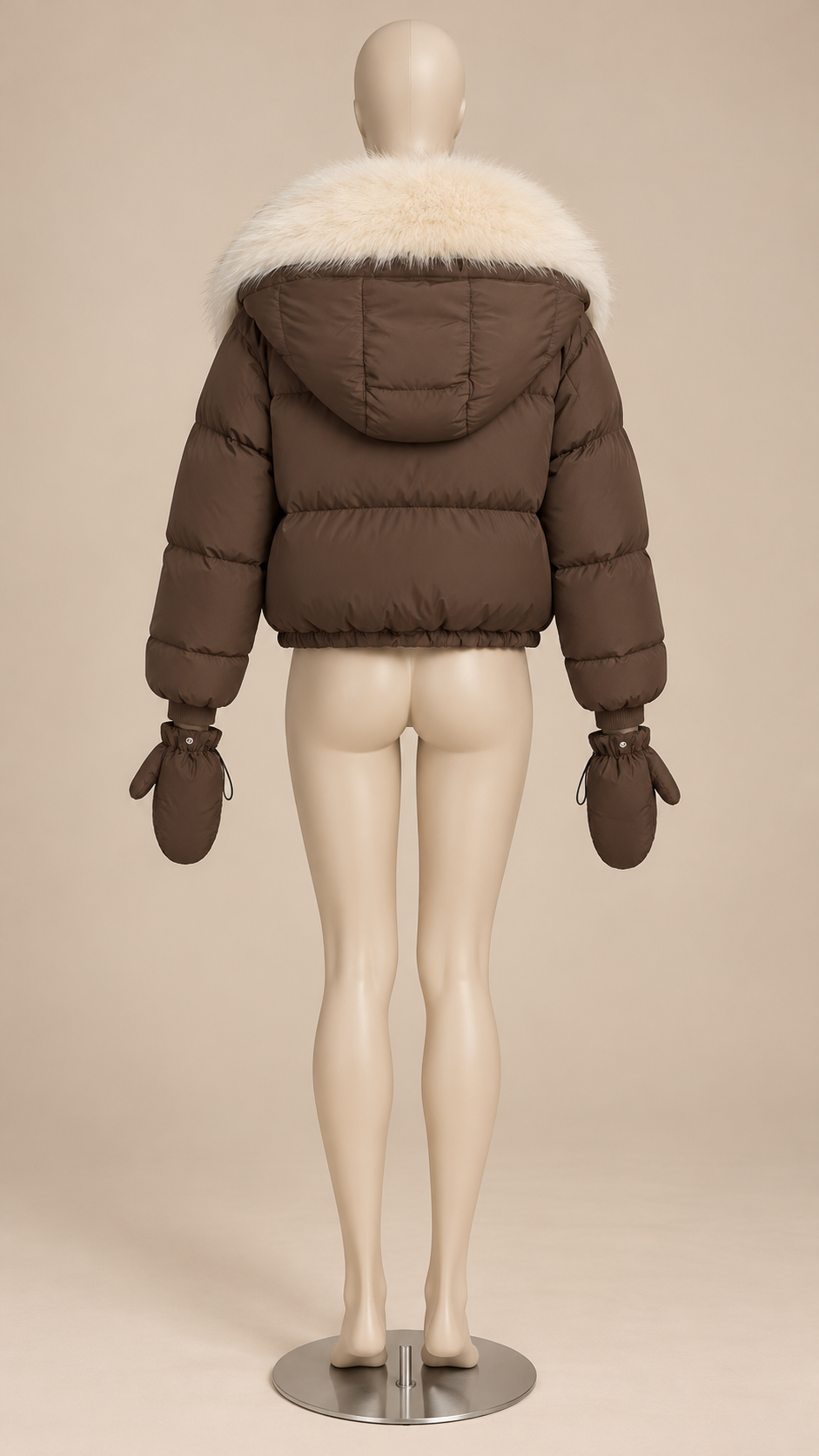 Anastasia Fox-Stole Hooded Puffer — Coffee & Ivory mannequin back