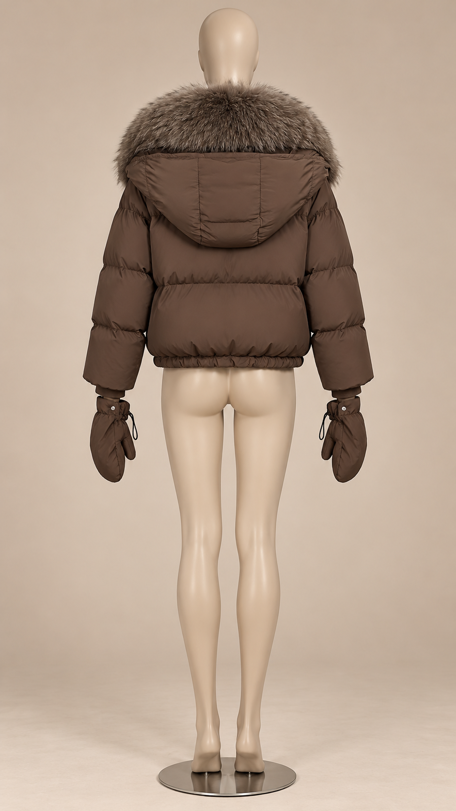 Anastasia Fox-Stole Hooded Puffer — Coffee & Taupe mannequin back