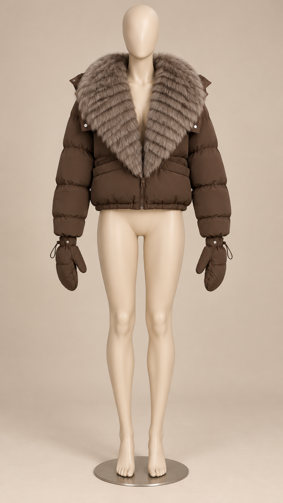 Anastasia Fox-Stole Hooded Puffer — Coffee & Taupe mannequin front