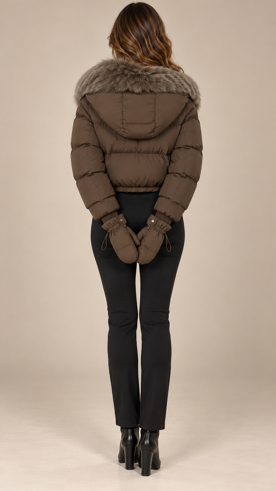 Anastasia Fox-Stole Hooded Puffer — Coffee & Taupe model back