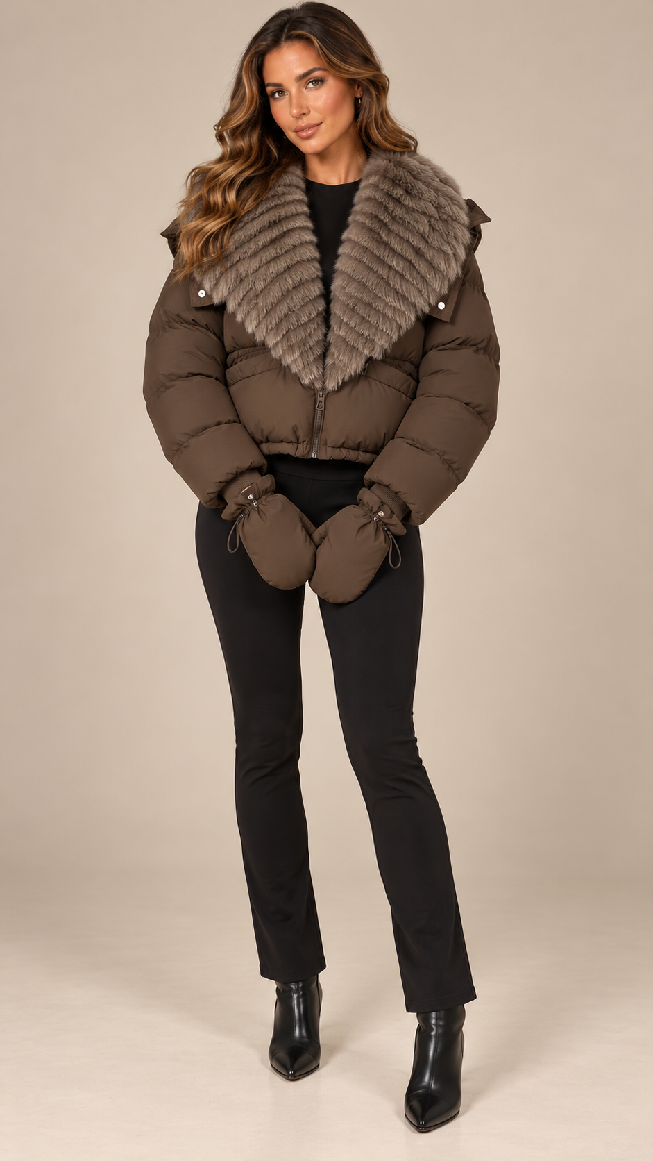 Anastasia Fox-Stole Hooded Puffer — Coffee & Taupe model front